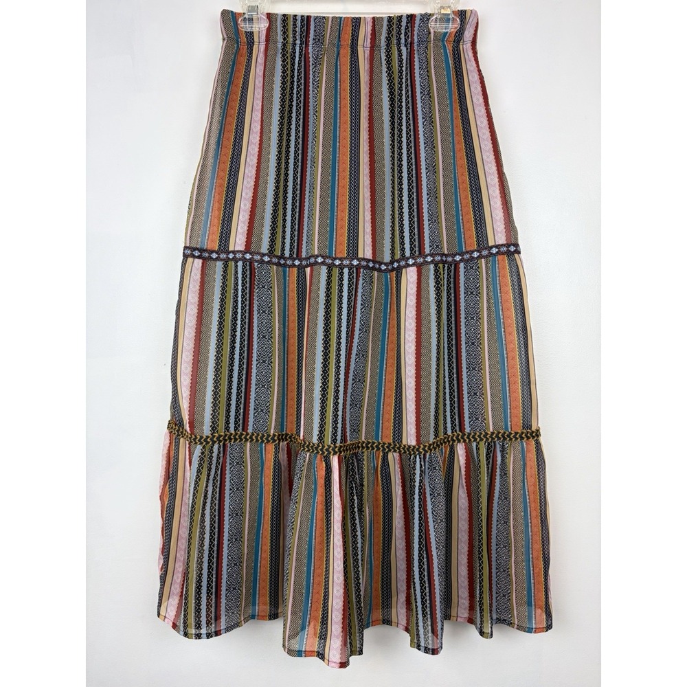 Boho Midi Skirt Women Small Tiered Vertical Stripe Lined Pull On Mixed Pattern